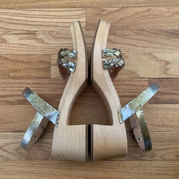 SWEDISH Hasbeens sz 41 or 10 NWOT metallic leather + wooden heeled clog no wear - Picture 3 of 7